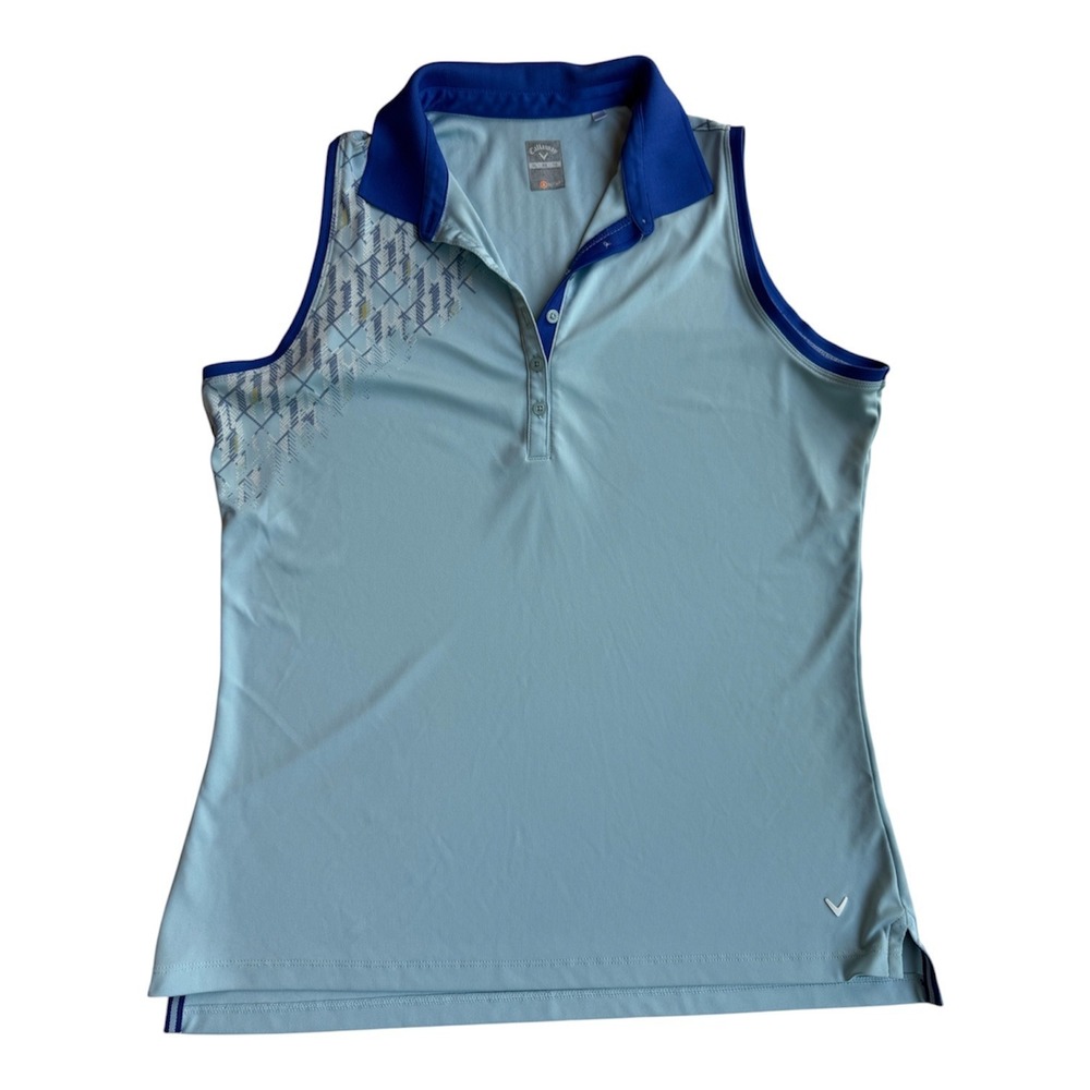 Callaway Womens XL Blue Sleeveless Golf Polo Shirt Opti-Dri Argyle Print Top